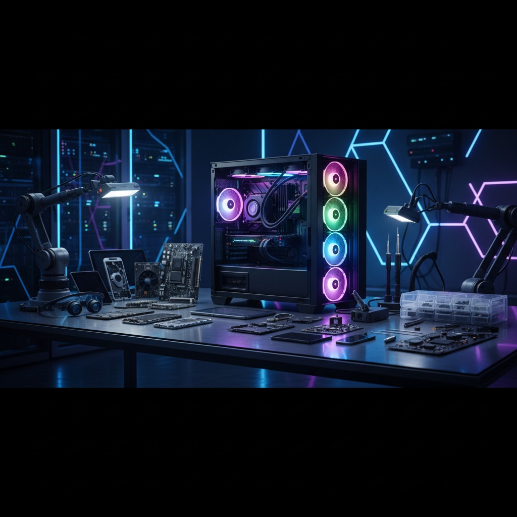 Un computer da gaming illuminato da LED RGB si trova su un tavolo da lavoro circondato da componenti elettronici e bracci robotici in un laboratorio tecnologico.